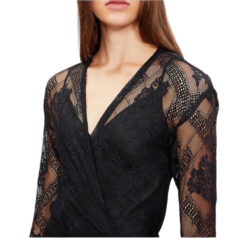 Maje Black Lace Jumpsuit with Sheer Sleeves xs straight leg cropped fairycore - Picture 2 of 7